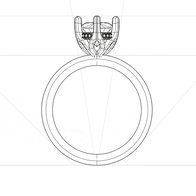 Technical line drawing of an engagement ring shown from the side, featuring a detailed prong setting and rounded band.