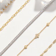 Gold chain necklaces and bracelets featuring pavé and bezel‑set diamond accents on a white background.